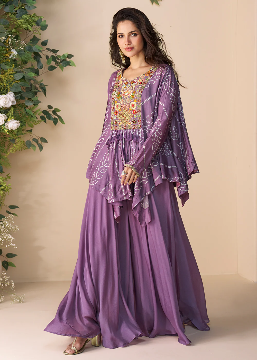 Lilac Hand Embellished Poncho Kaftan Style Dress