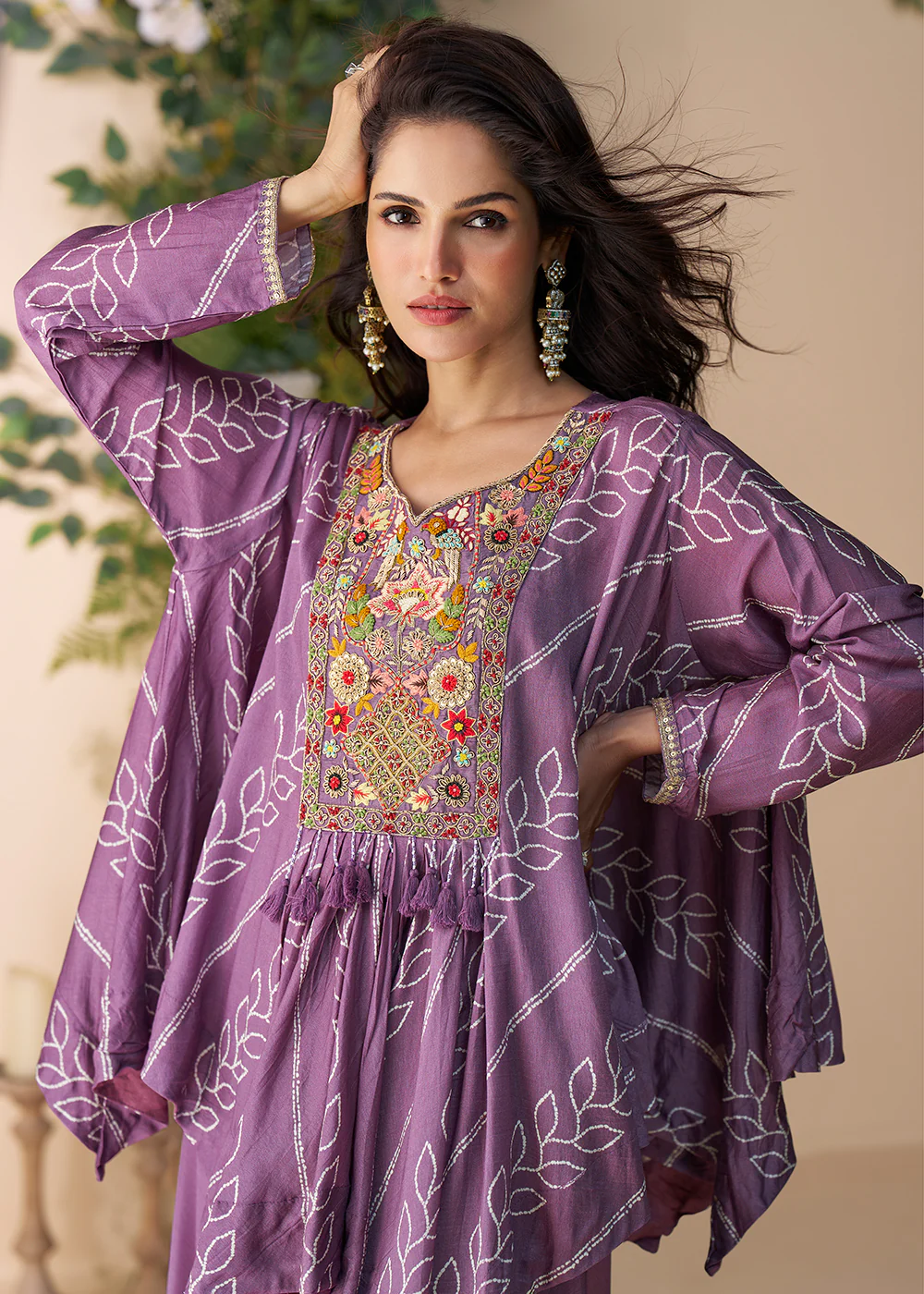 Lilac Hand Embellished Poncho Kaftan Style Dress - Image 2