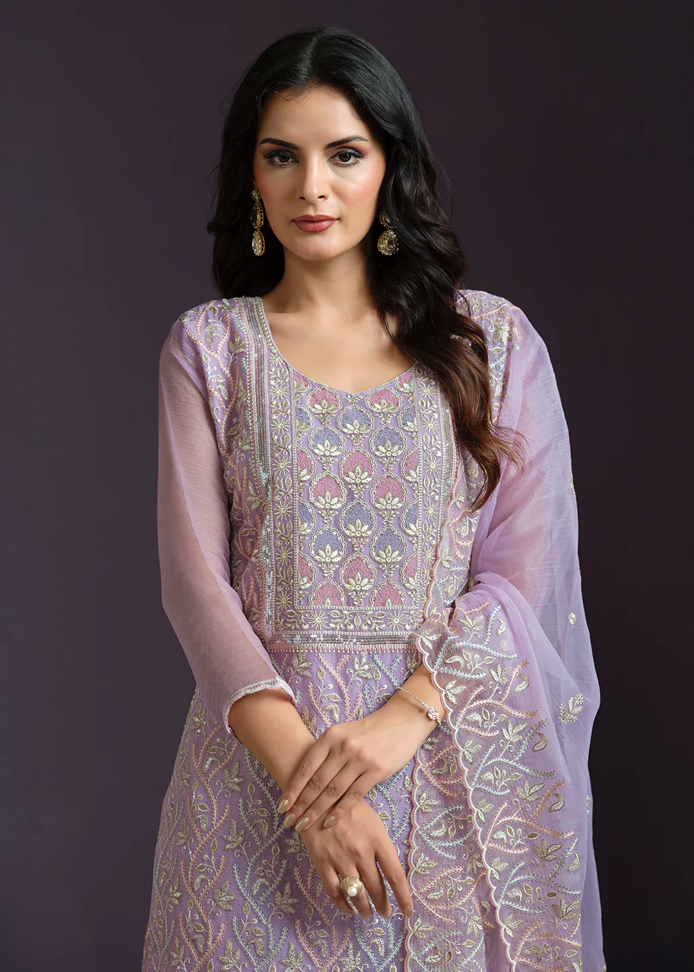Lilac Lucknowi Embroidered Chiffon Festive Salwar Suit - Image 3