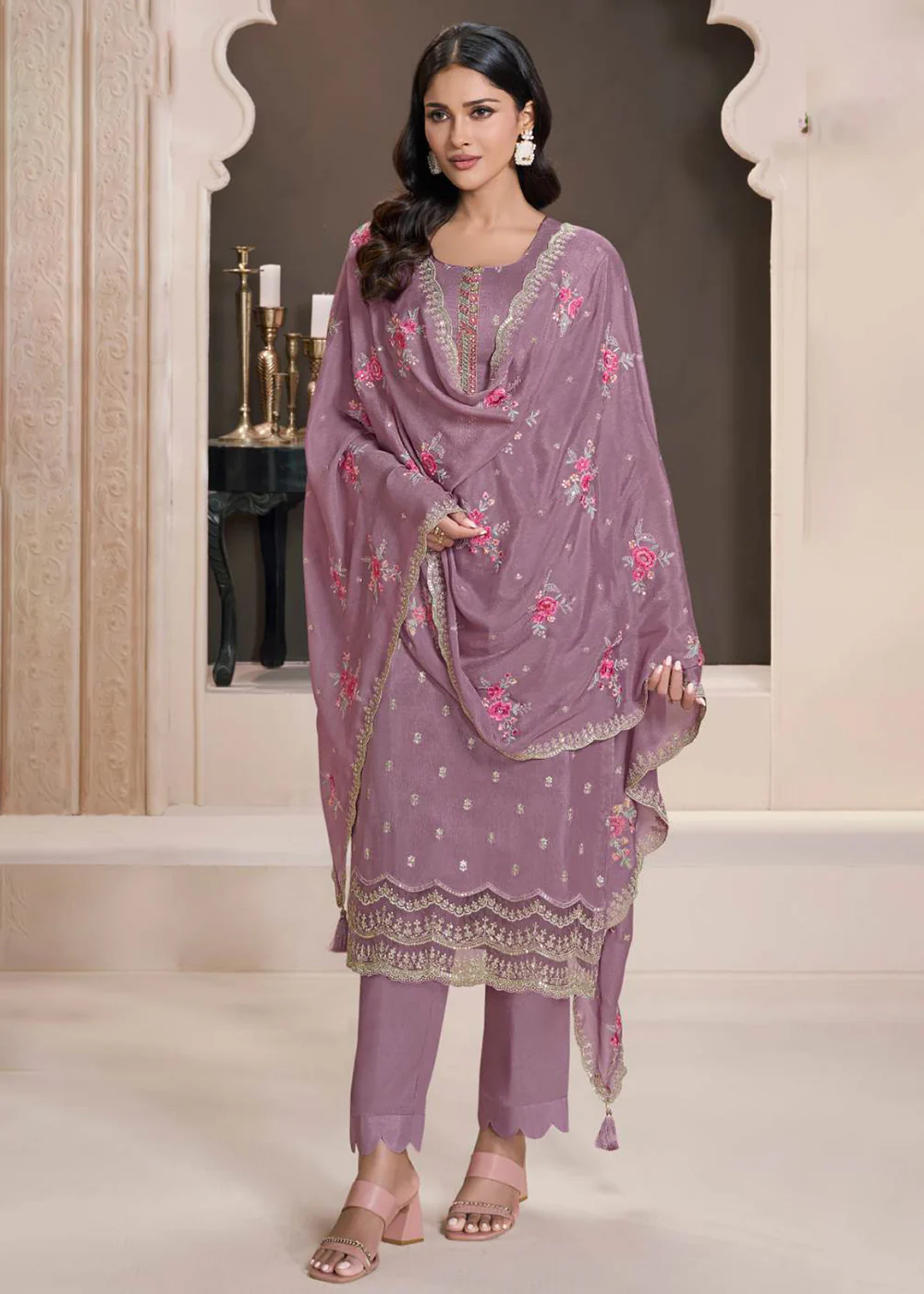 Lilac Moonga Silk Embroidered Festive Style Salwar Suit
