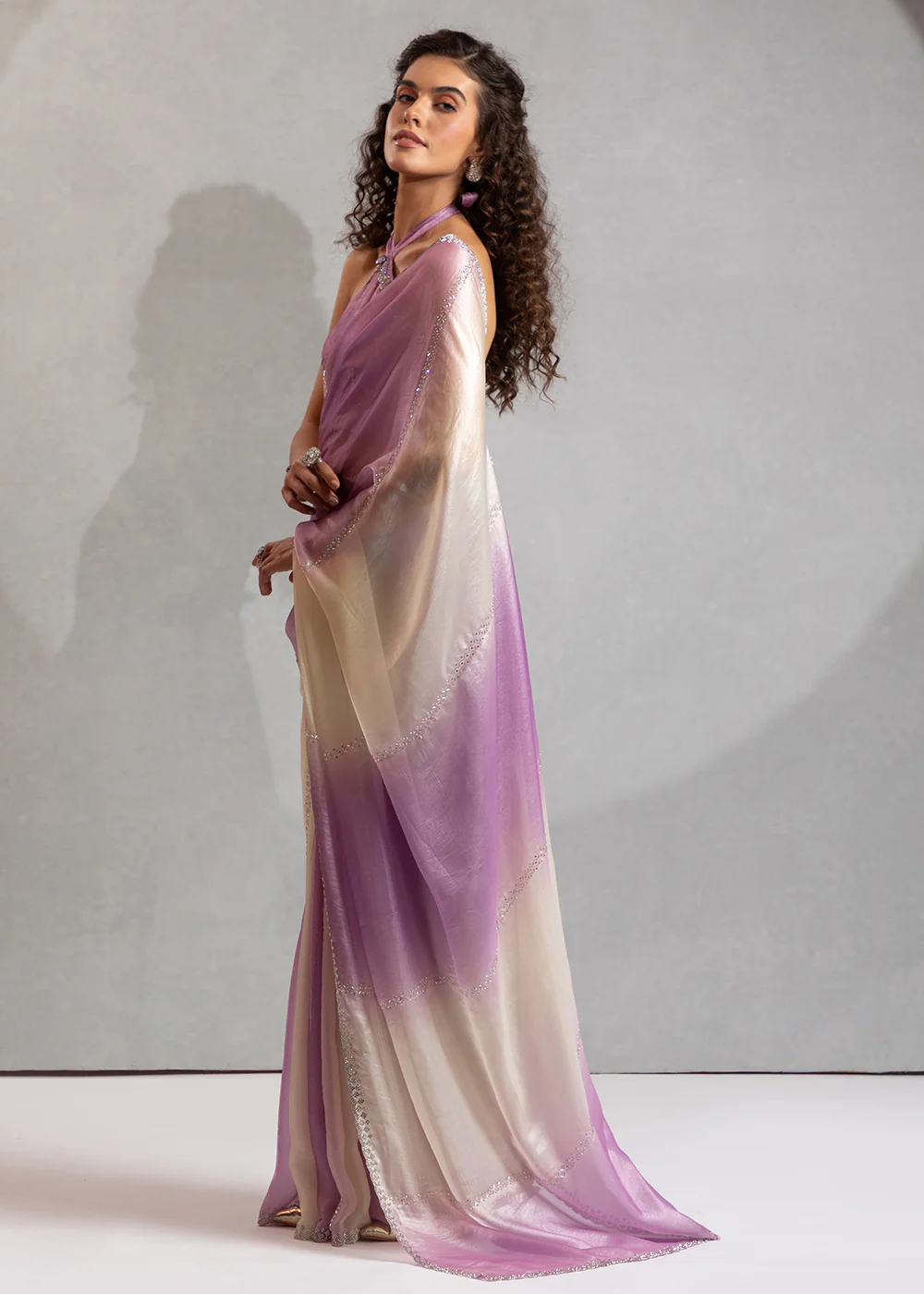 Lilac & Off White Satin Silk Designer Saree - Image 4