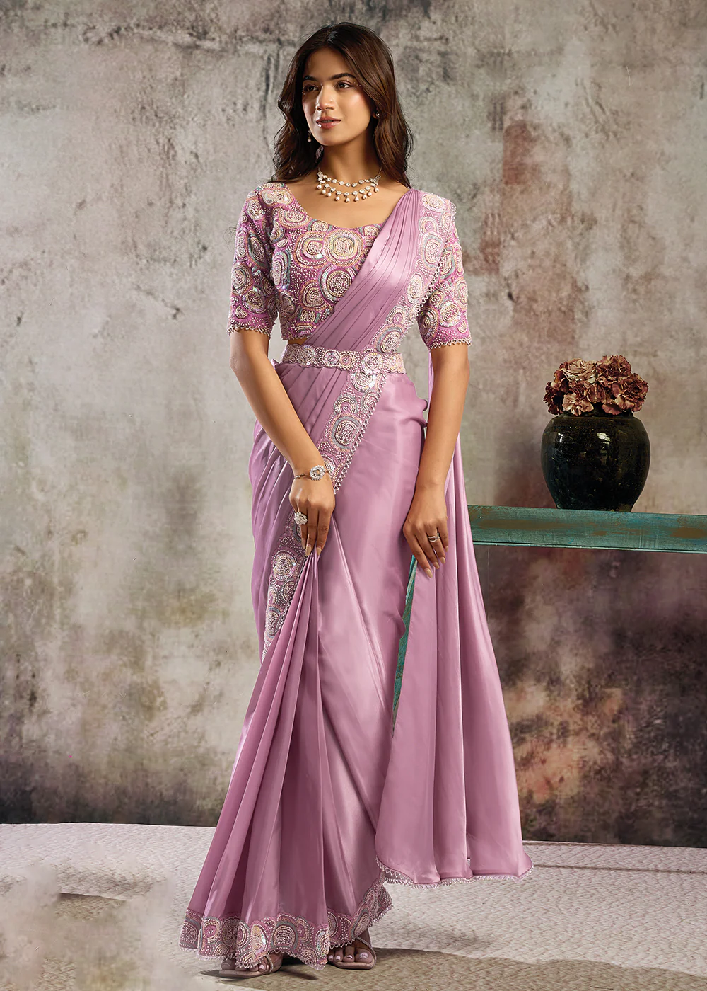 Lilac Pink Designer Party Wear Pre Draped Saree