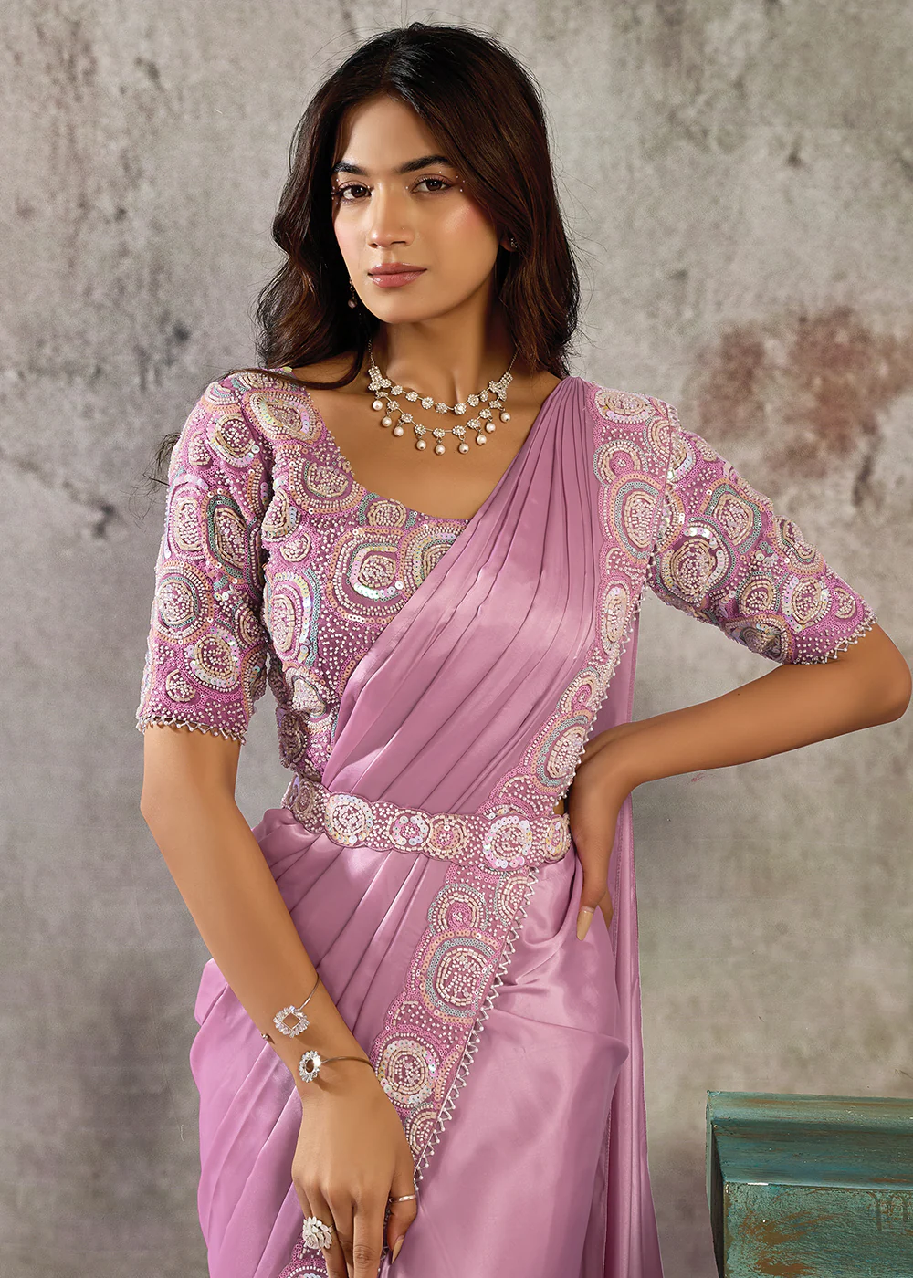Lilac Pink Designer Party Wear Pre Draped Saree - Image 2