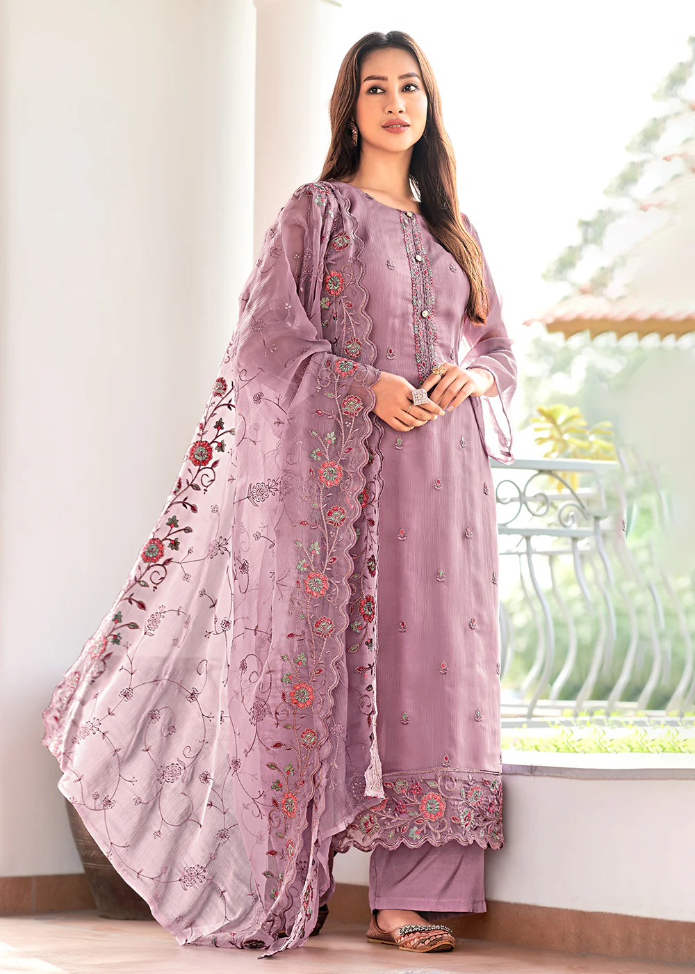 Lilac Pink Embroidered Organza Chiffon Festive Salwar Suit