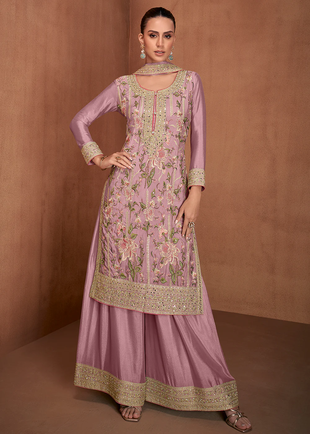 Lilac Pink Floral Embroidered Designer Palazzo Suit