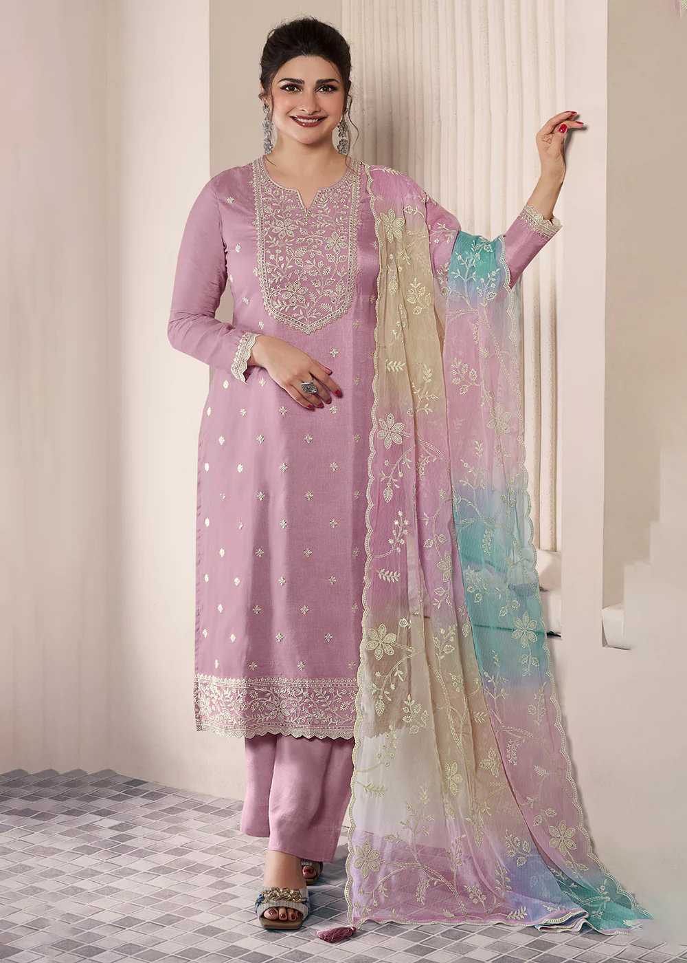 Lilac Pink Threads Work Moonga Silk Pant Salwar Suit