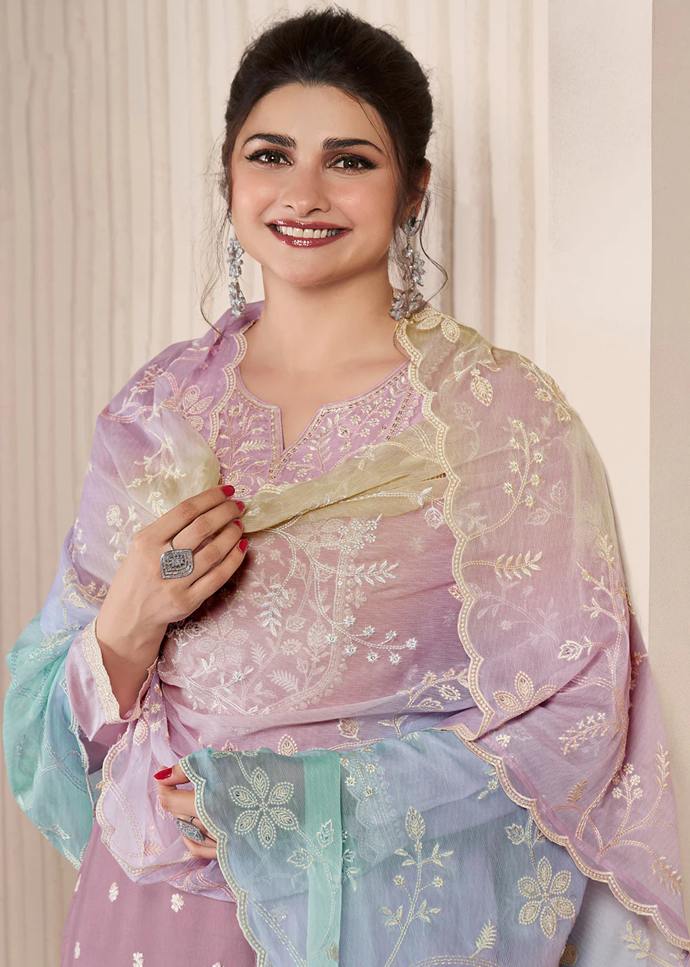 Lilac Pink Threads Work Moonga Silk Pant Salwar Suit - Image 2