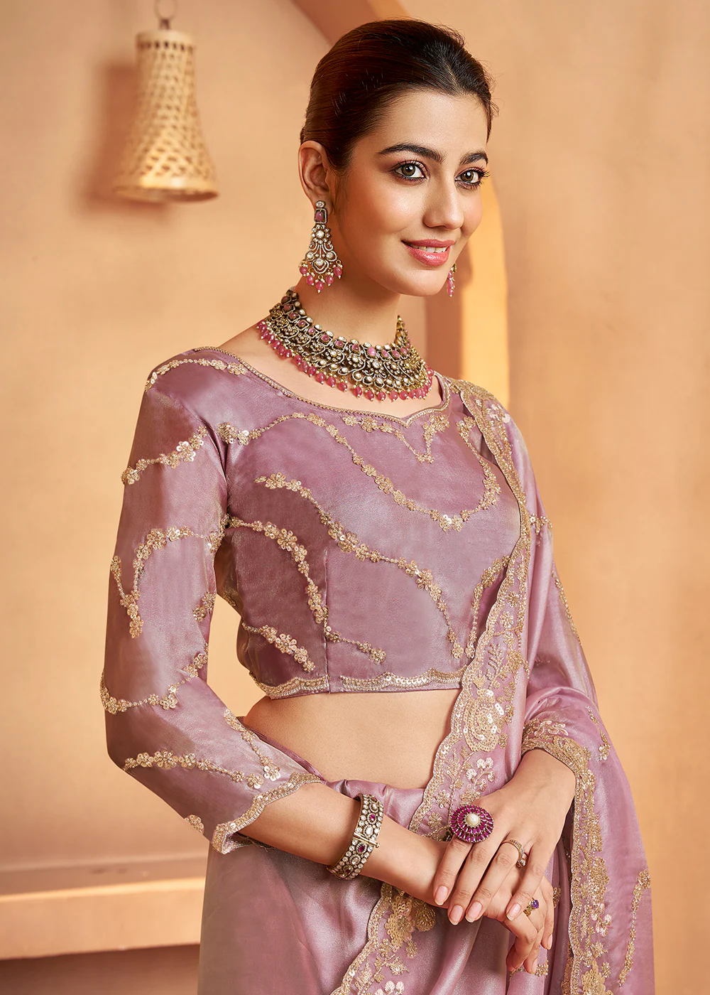 Lilac Pink Tissue Silk Heavy Embroidered Designer Saree - Image 2