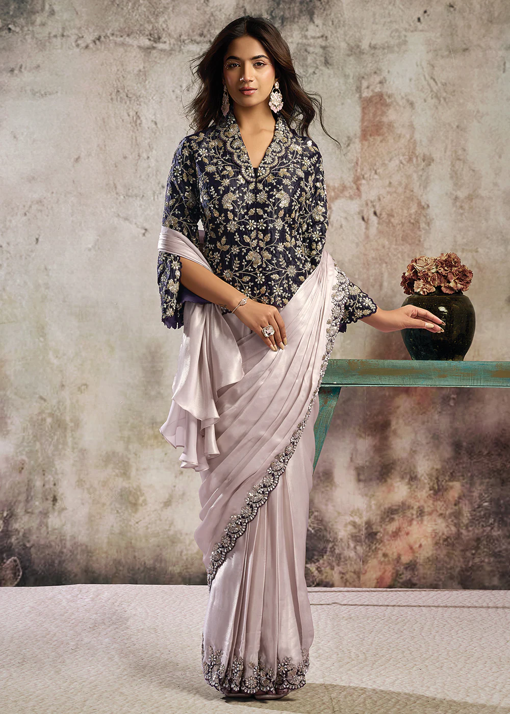 Lilac & Plum Designer Party Wear Pre Draped Saree - Image 3