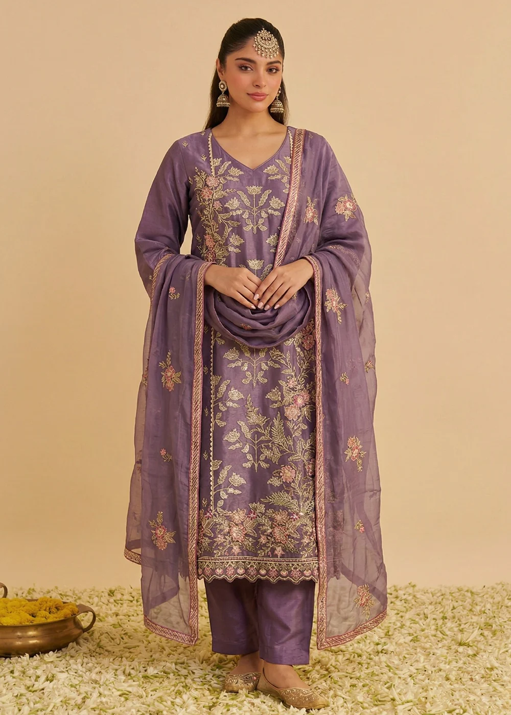 Lilac Pure Shimmer SIlk Embroidered Salwar Kurta Dress