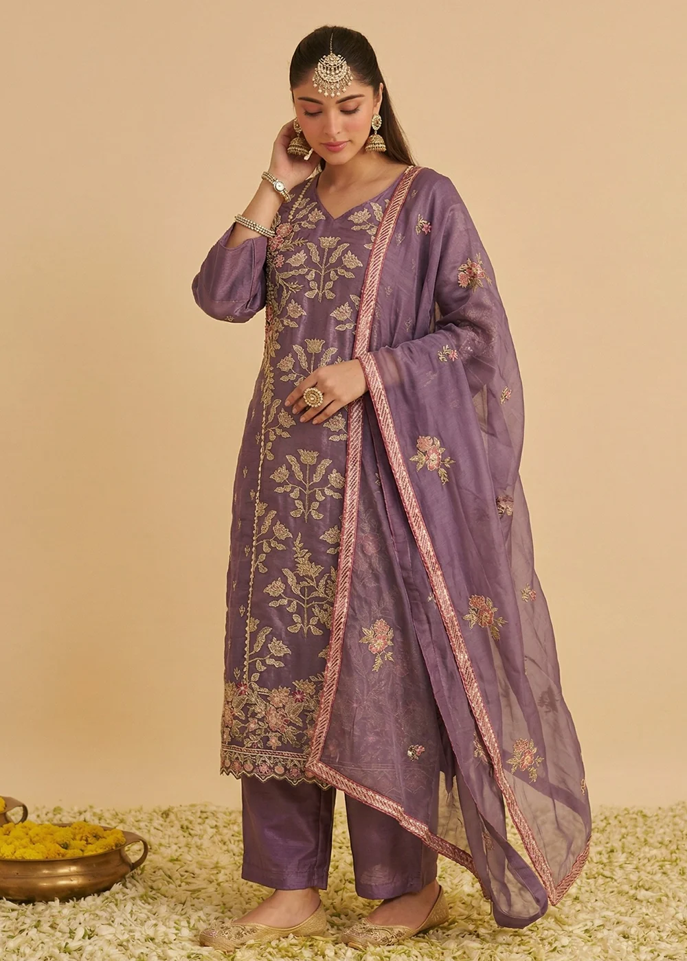 Lilac Pure Shimmer SIlk Embroidered Salwar Kurta Dress - Image 2