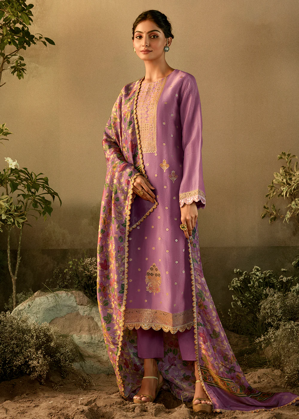 Lilac Pure Zari Banarasi Tissue Festive Wear Salwar Suit