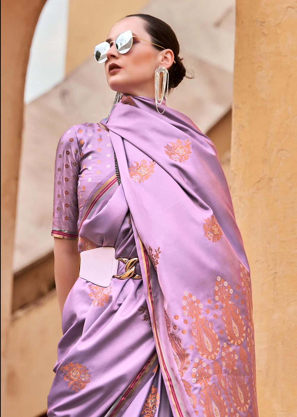 Lilac Purple Pure Satin Zari Weaving Wedding Festive Saree - Image 2