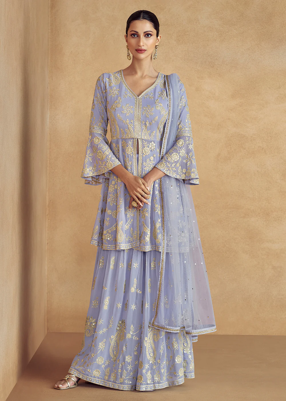 Lilac Real Georgette Embroidered Wedding Sharara Suit