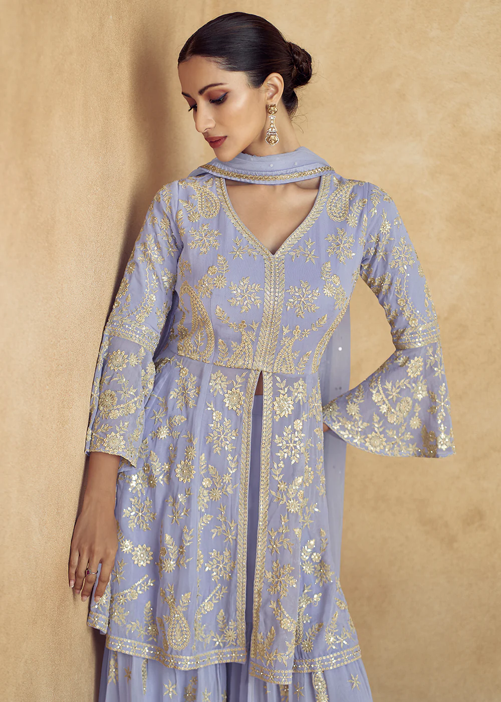 Lilac Real Georgette Embroidered Wedding Sharara Suit - Image 2