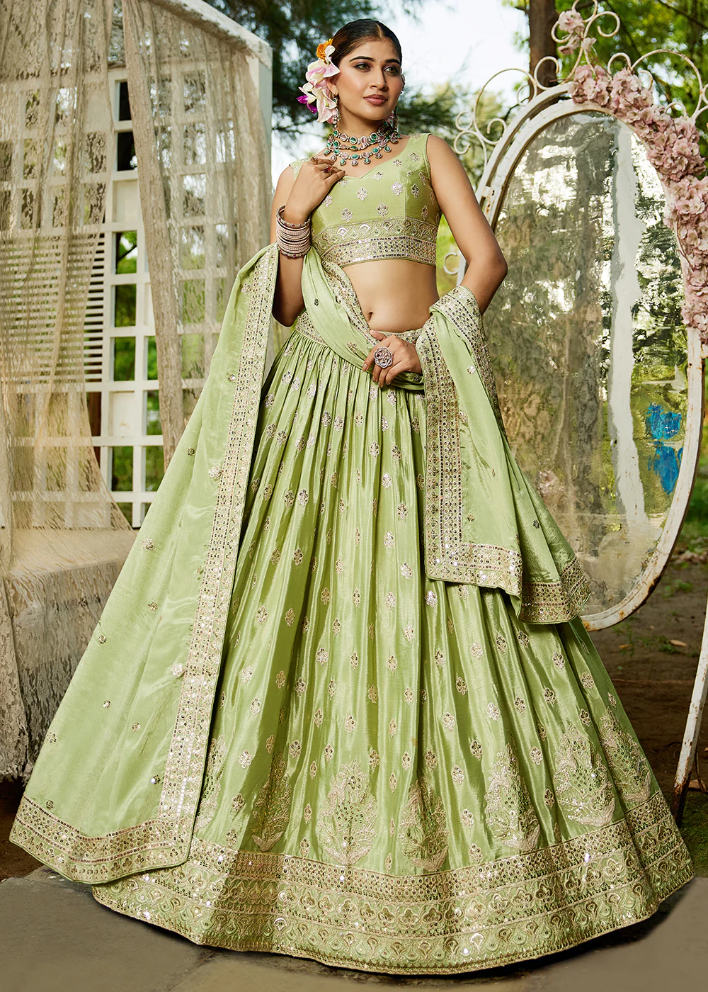 Lime Green Cording Embroidered Wedding Lehenga Choli - Image 4