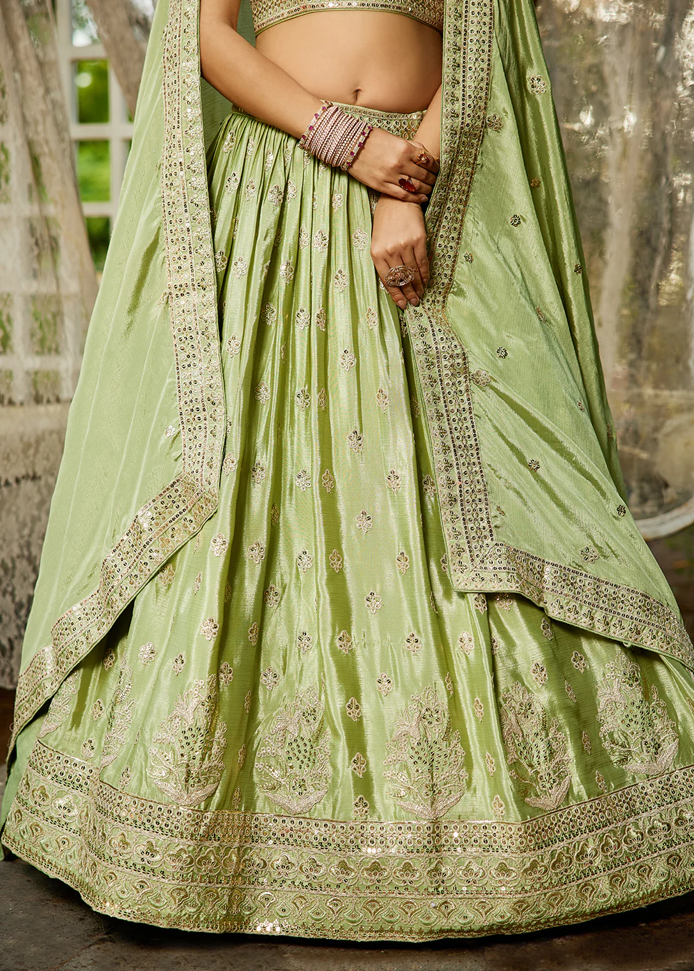 Lime Green Cording Embroidered Wedding Lehenga Choli - Image 6