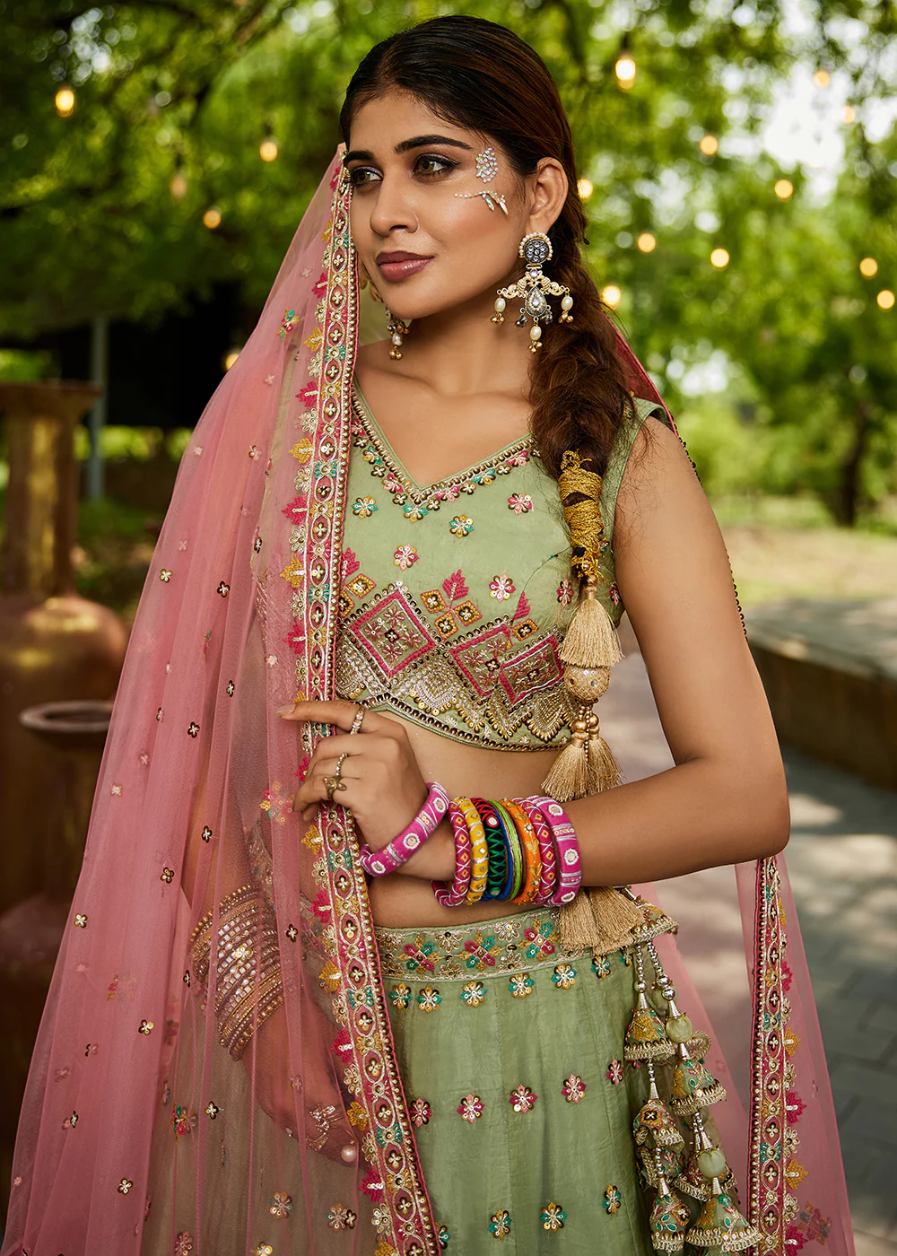 Lime Green Cording Embroidery Designer Lehenga Choli - Image 2