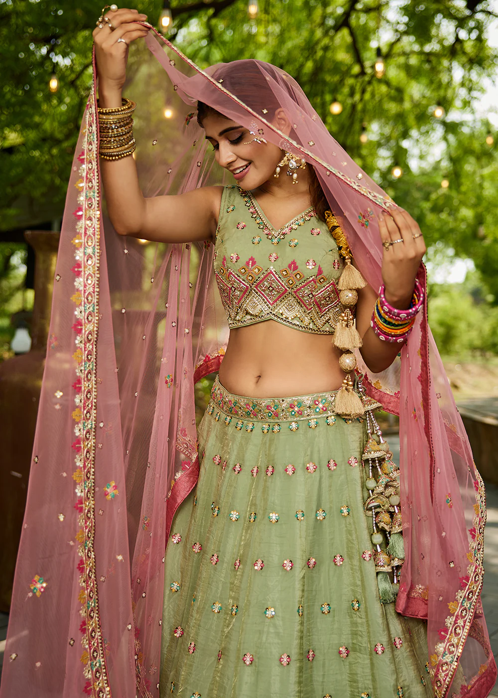 Lime Green Cording Embroidery Designer Lehenga Choli - Image 4