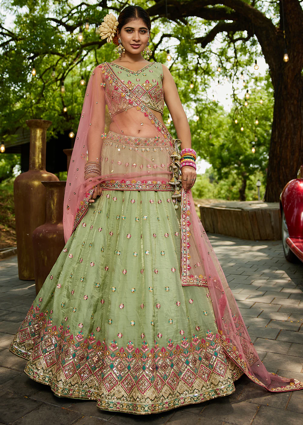 Lime Green Cording Embroidery Designer Lehenga Choli - Image 5