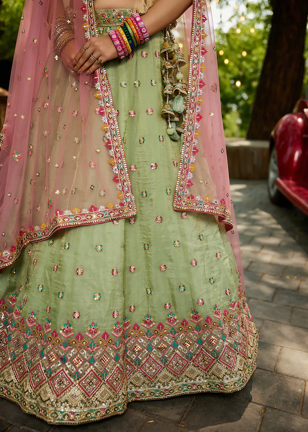 Lime Green Cording Embroidery Designer Lehenga Choli - Image 7