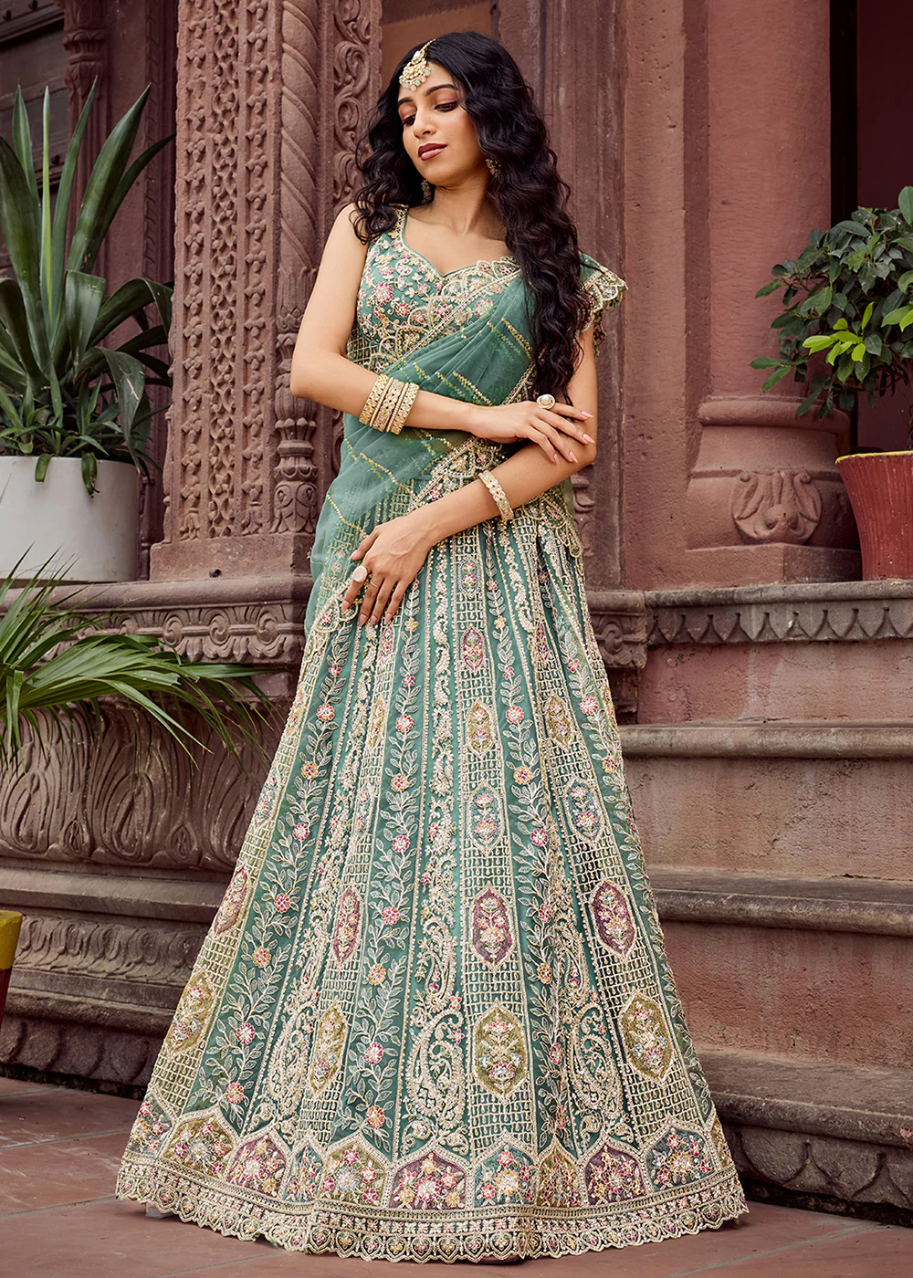 Lime Green Flared Embroidered Festive Lehenga Choli