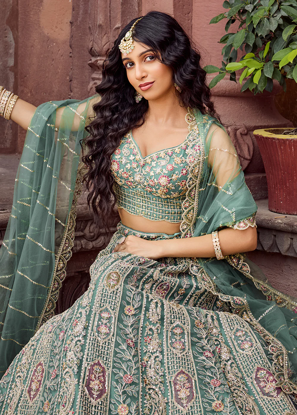 Lime Green Flared Embroidered Festive Lehenga Choli - Image 2