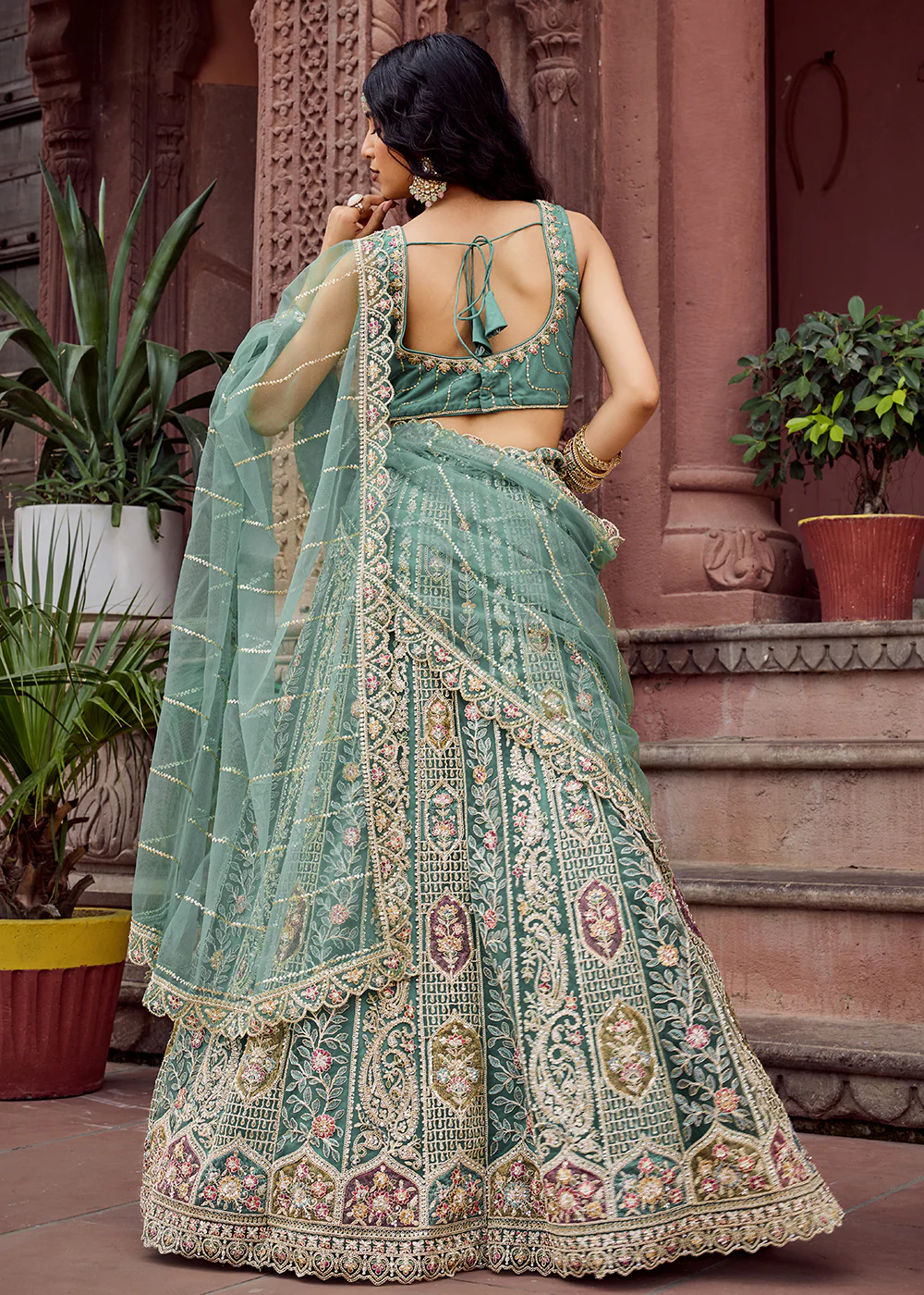 Lime Green Flared Embroidered Festive Lehenga Choli - Image 3