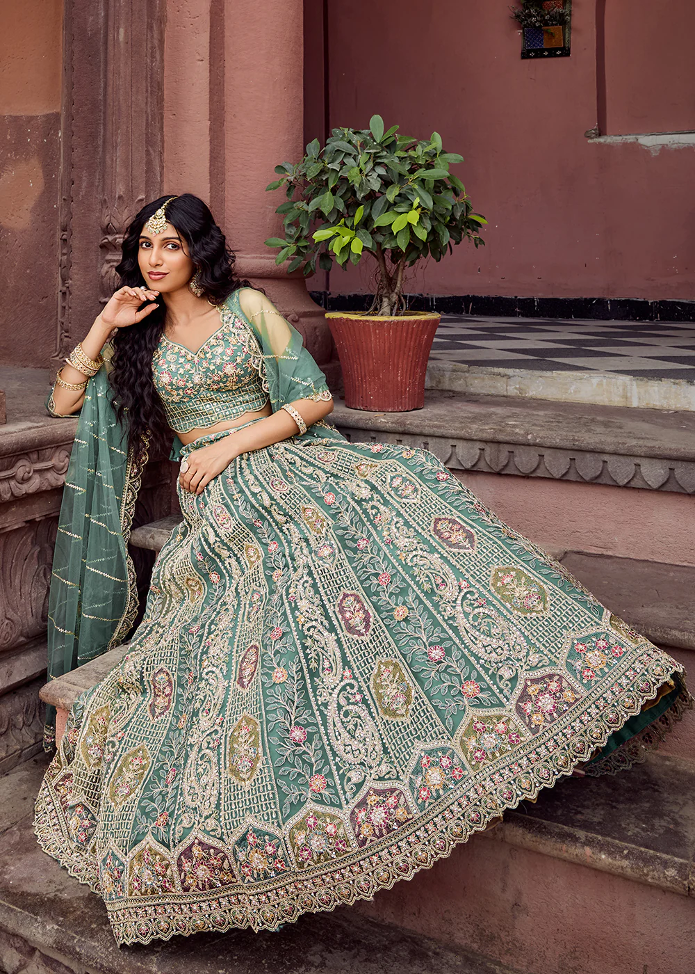 Lime Green Flared Embroidered Festive Lehenga Choli - Image 4