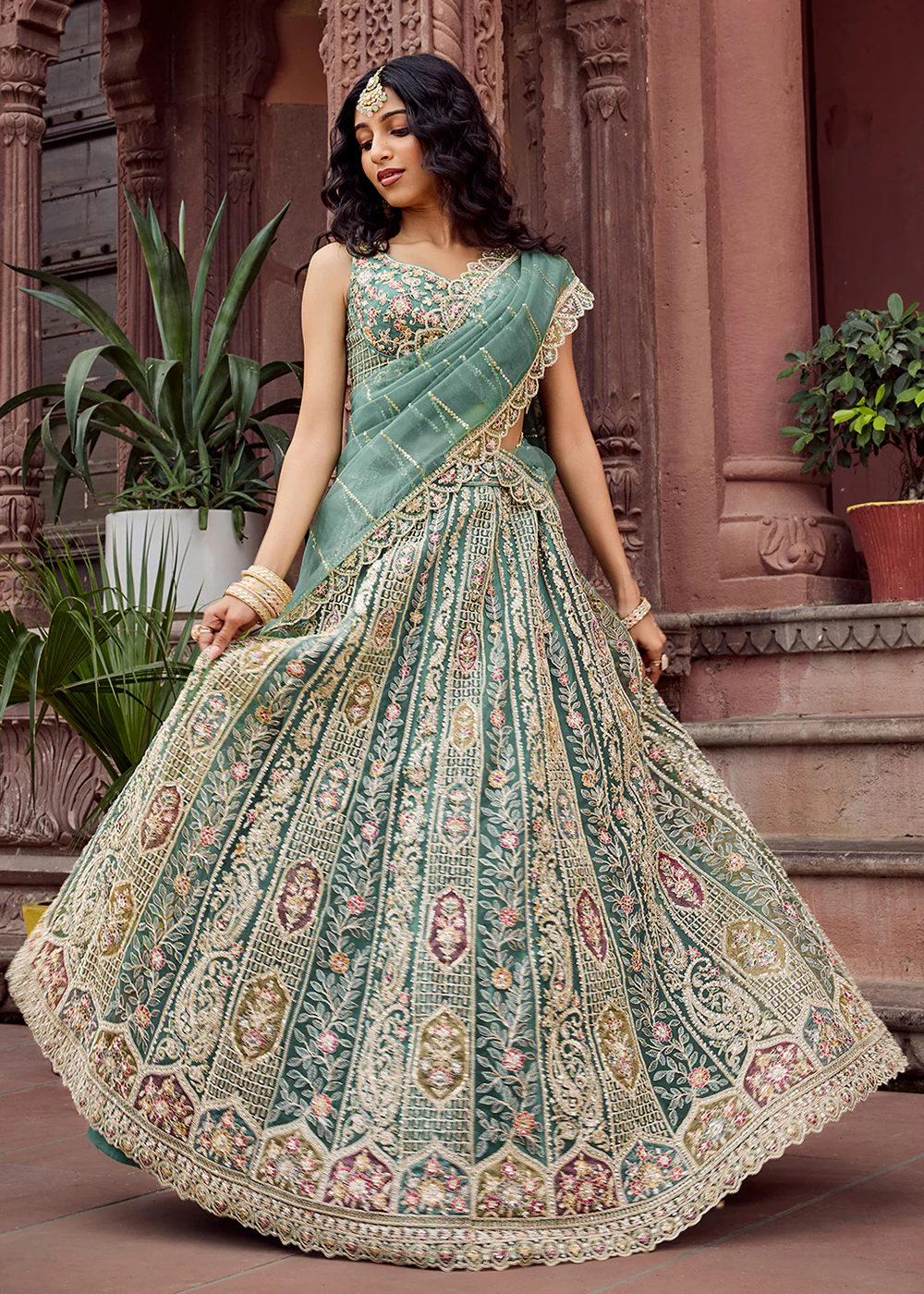 Lime Green Flared Embroidered Festive Lehenga Choli - Image 5