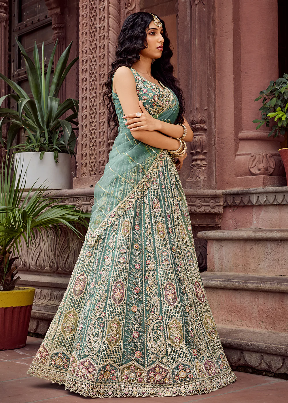 Lime Green Flared Embroidered Festive Lehenga Choli - Image 6