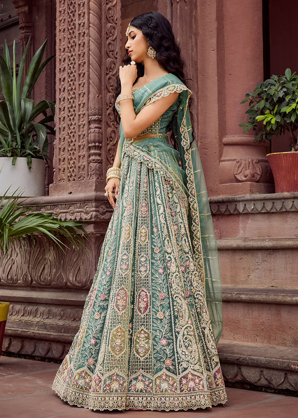 Lime Green Flared Embroidered Festive Lehenga Choli - Image 7