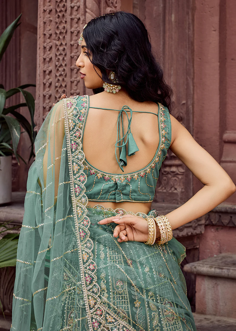 Lime Green Flared Embroidered Festive Lehenga Choli - Image 8