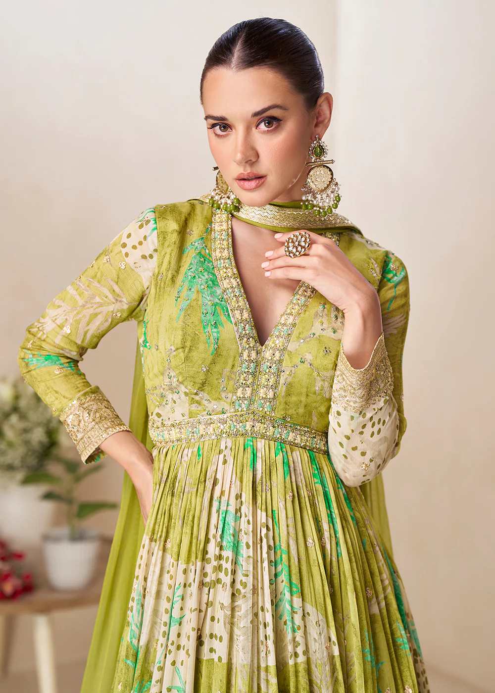 Lime Green Floral Digital Printed Festive Anarkali Gown - Image 2