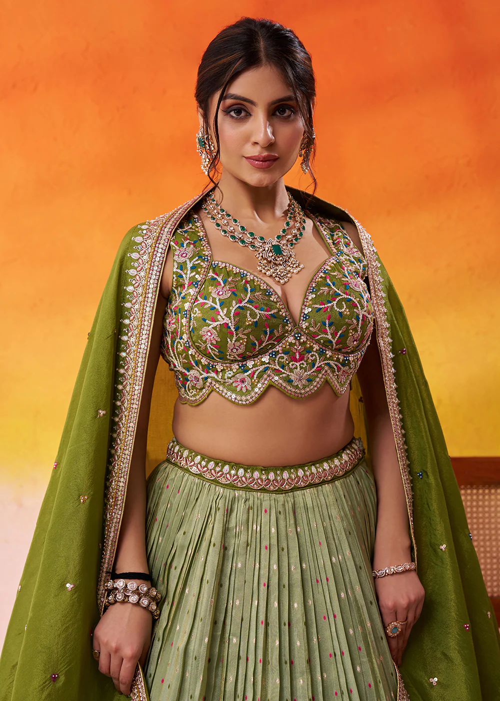 Lime Green Jacquard Tissue Wedding Lehenga Choli - Image 2