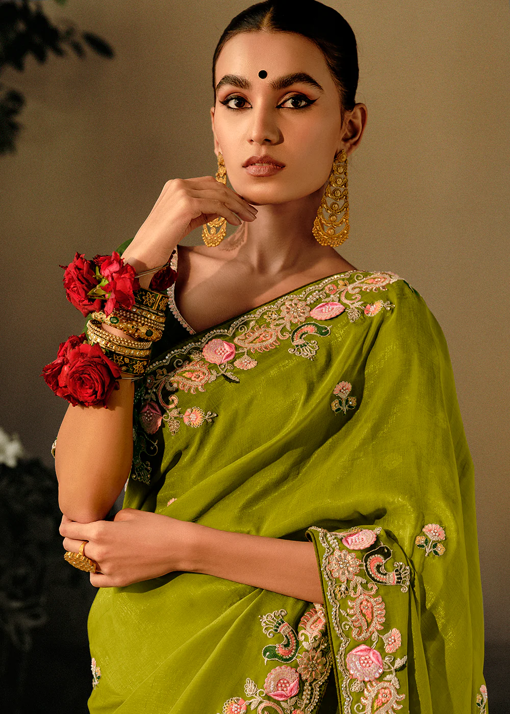 Lime Green Khatli Work Embroidered Designer Wedding Saree - Image 2