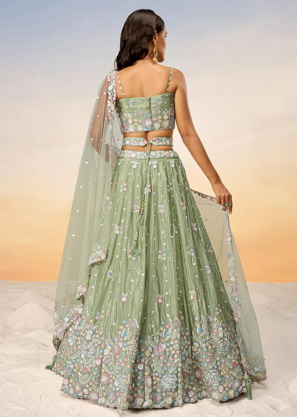 Lime Green Poly Chiffon Embroidered Wedding Party Lehenga Choli - Image 3