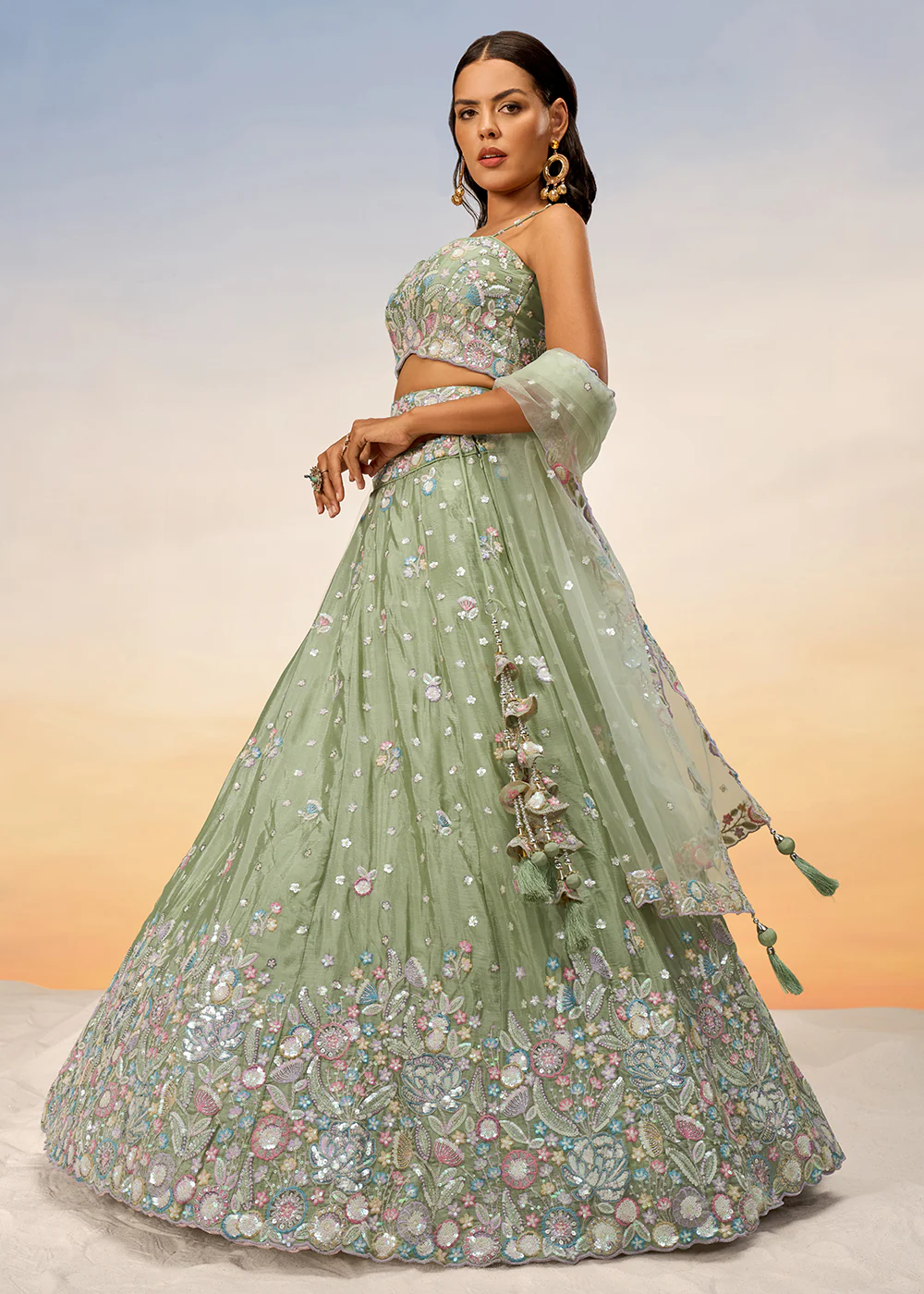 Lime Green Poly Chiffon Embroidered Wedding Party Lehenga Choli - Image 4