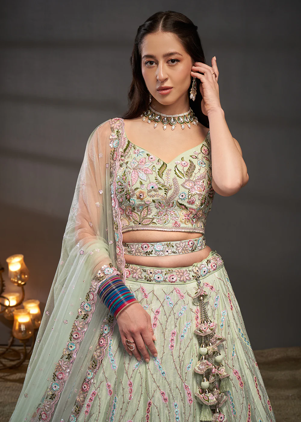 Lime Green Poly Chiffon Embroidered Bridesmaids Lehenga Choli - Image 2