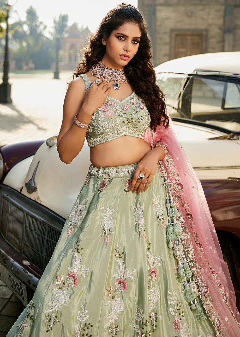 Lime Green Satin Silk Embroidered Designer Lehenga Choli - Image 2