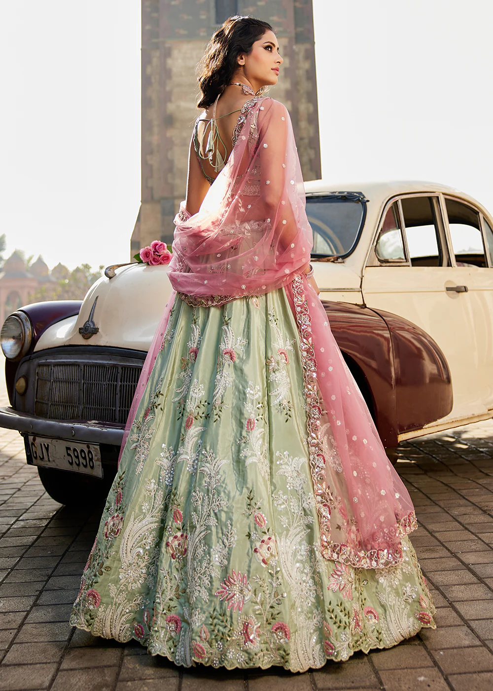 Lime Green Satin Silk Embroidered Designer Lehenga Choli - Image 3