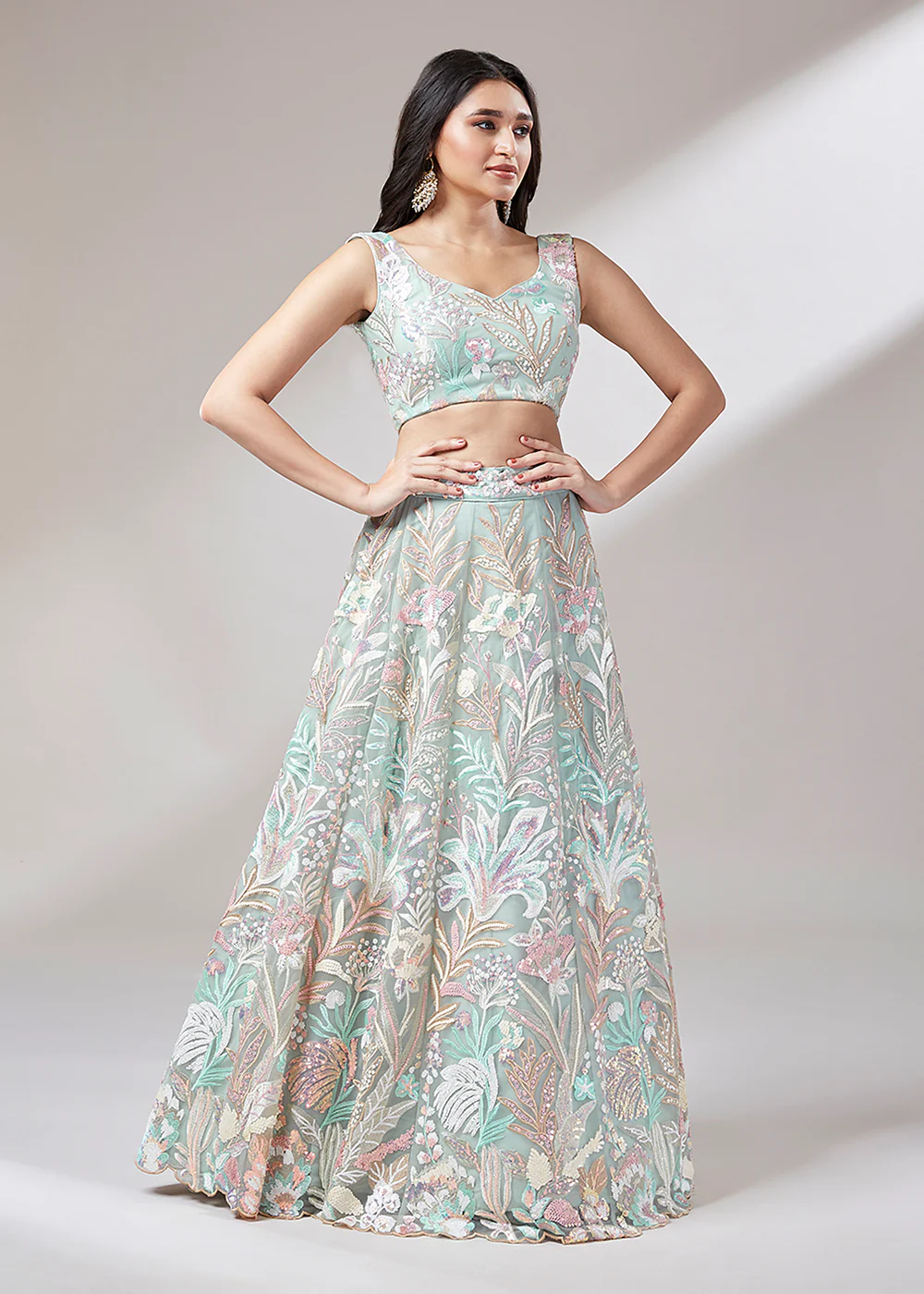 Lime Green Sequinned Embroidered Bridesmaid Lehenga Choli