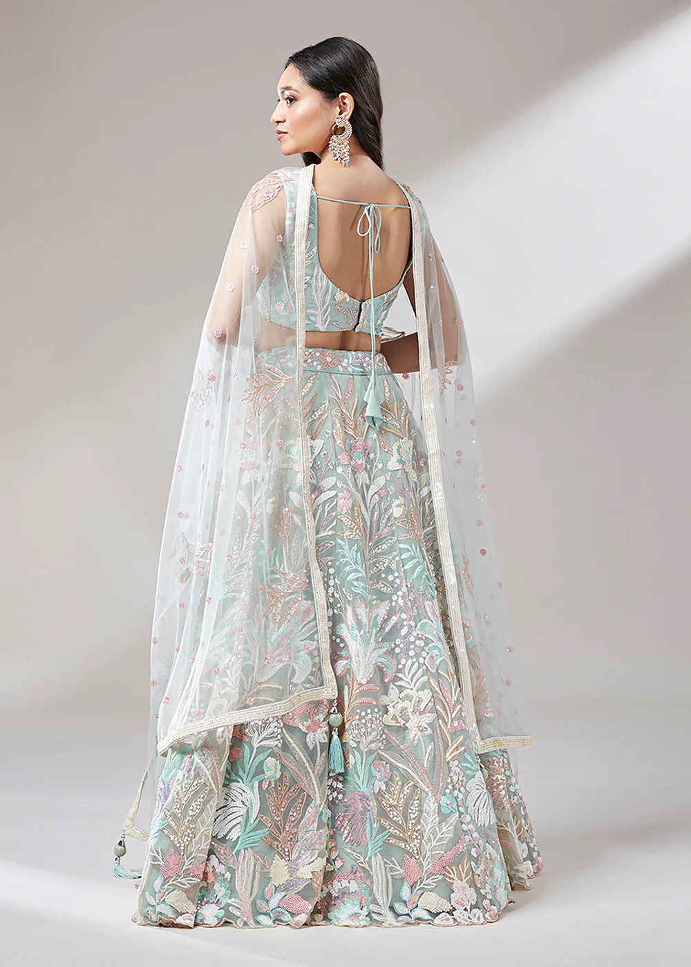 Lime Green Sequinned Embroidered Bridesmaid Lehenga Choli - Image 3