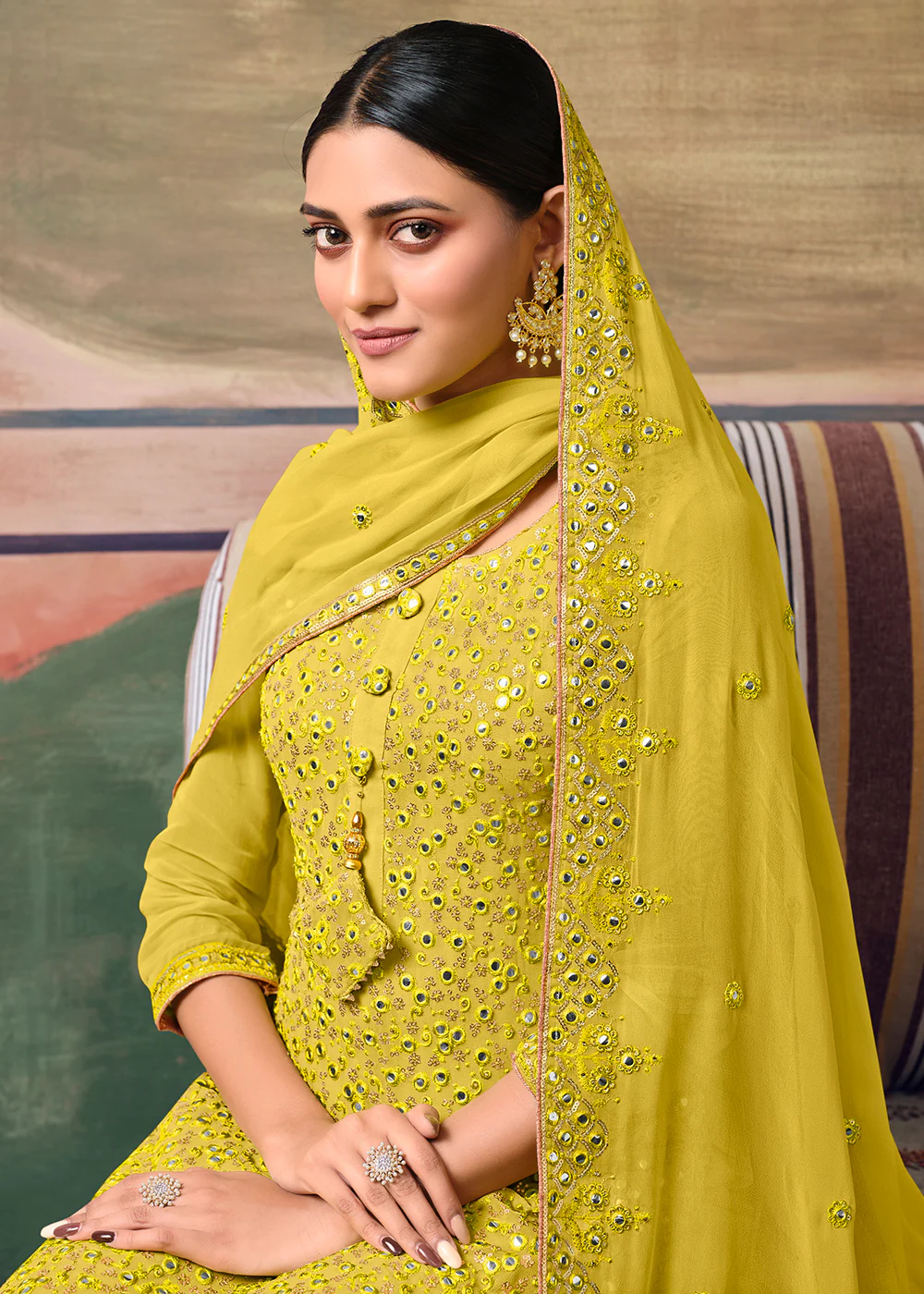 Lime Yellow Designer Gharara Style Festive Sharara Suit - Image 2