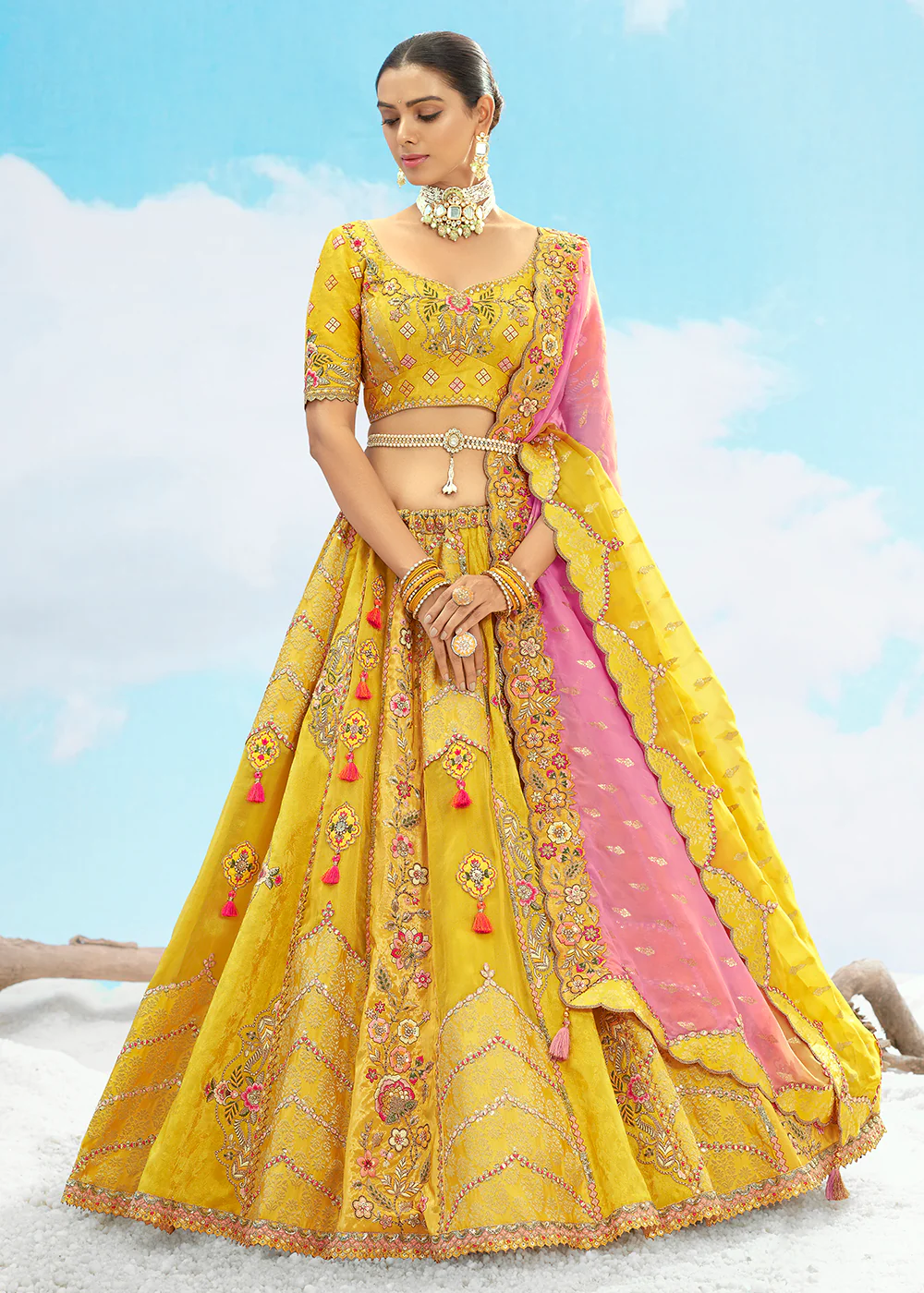 Lime Yellow Fancy Silk Heavy Embroidered Bridal Lehenga Choli
