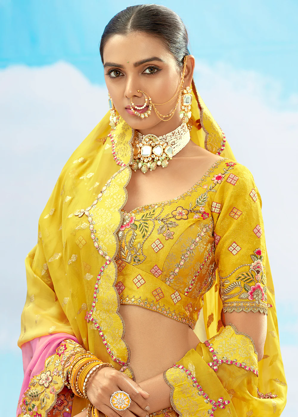 Lime Yellow Fancy Silk Heavy Embroidered Bridal Lehenga Choli - Image 2