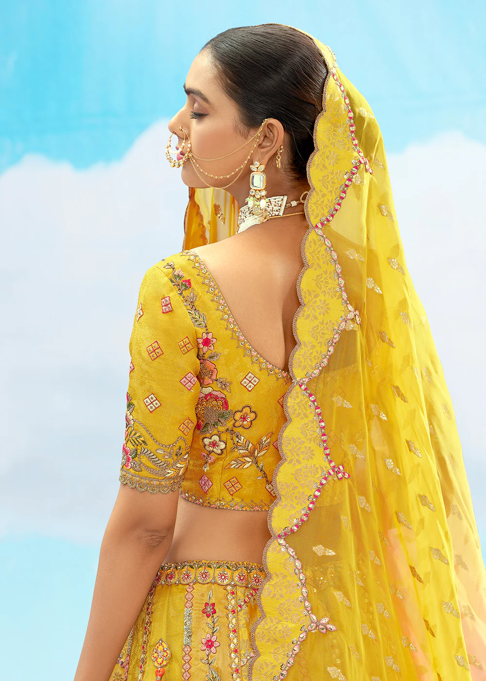 Lime Yellow Fancy Silk Heavy Embroidered Bridal Lehenga Choli - Image 3