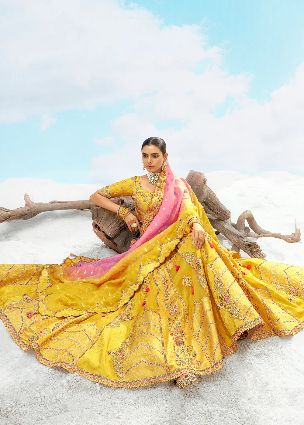 Lime Yellow Fancy Silk Heavy Embroidered Bridal Lehenga Choli - Image 4