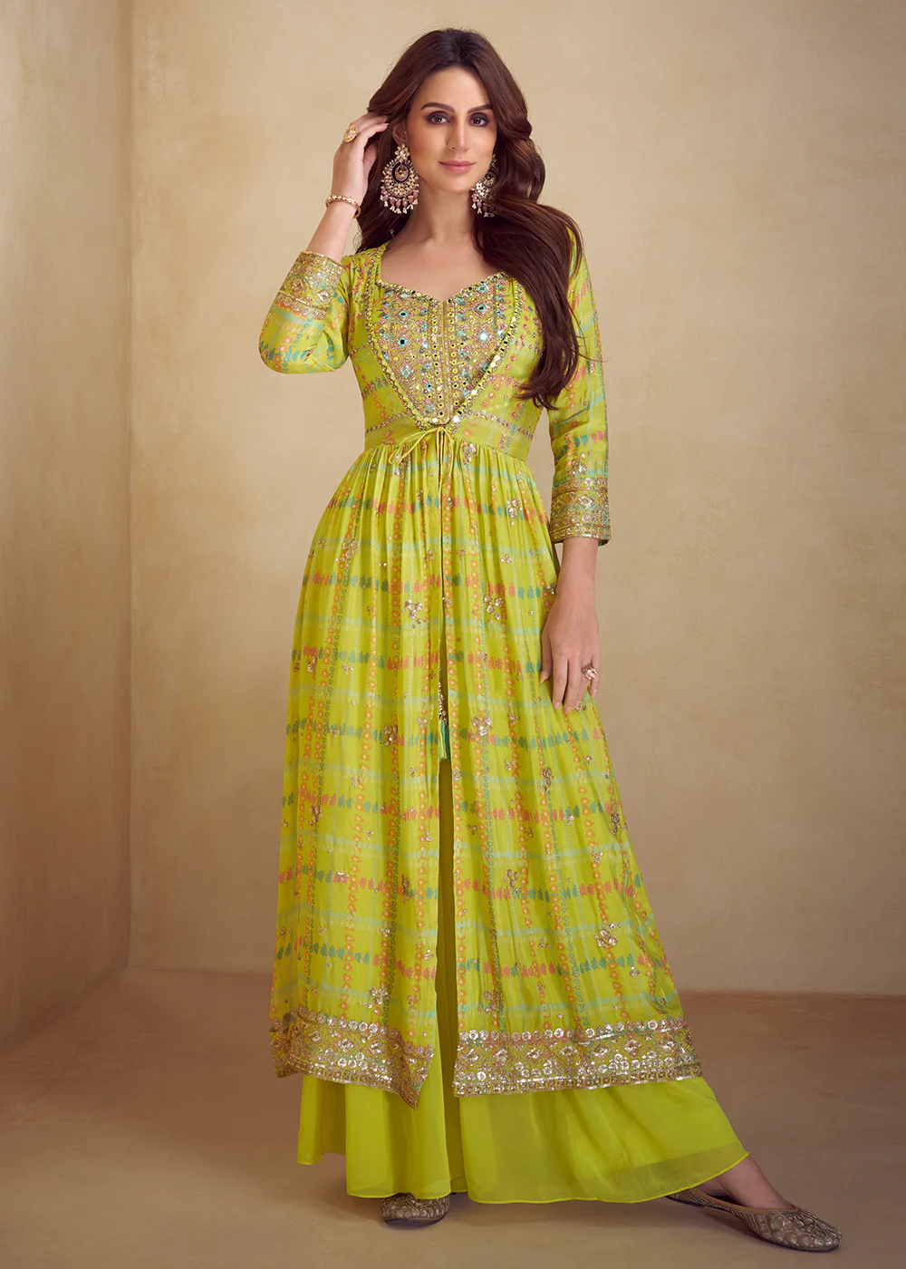 Lime Yellow Indo Western Printed Jacket Style Suit