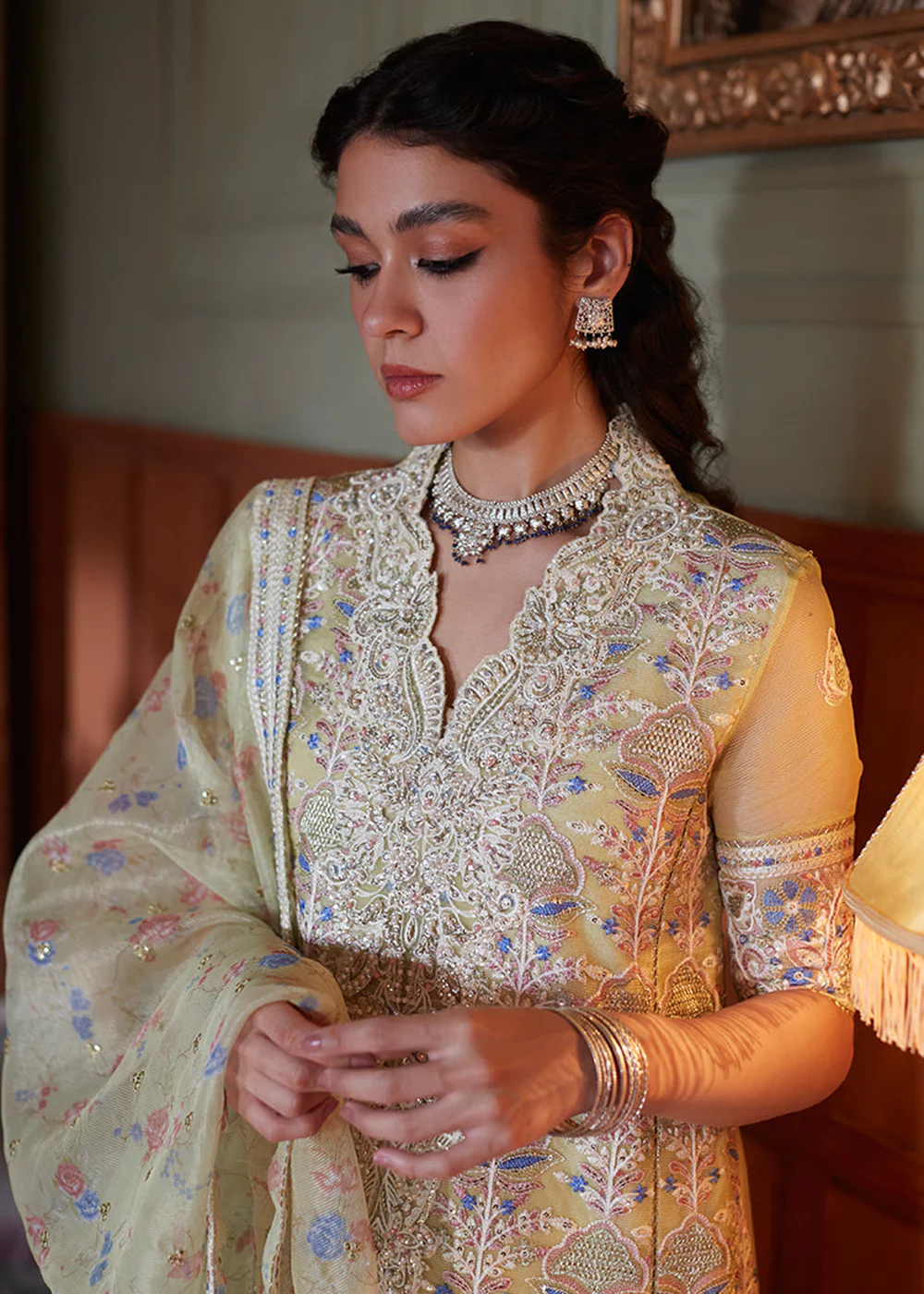 Lime Yellow Organza Net Pakistani Suit | Mushq | Qala Kamdaani | Dina - Image 2